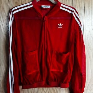 Adidas Women's Red Sheer Bomber Jacket with White Stripes